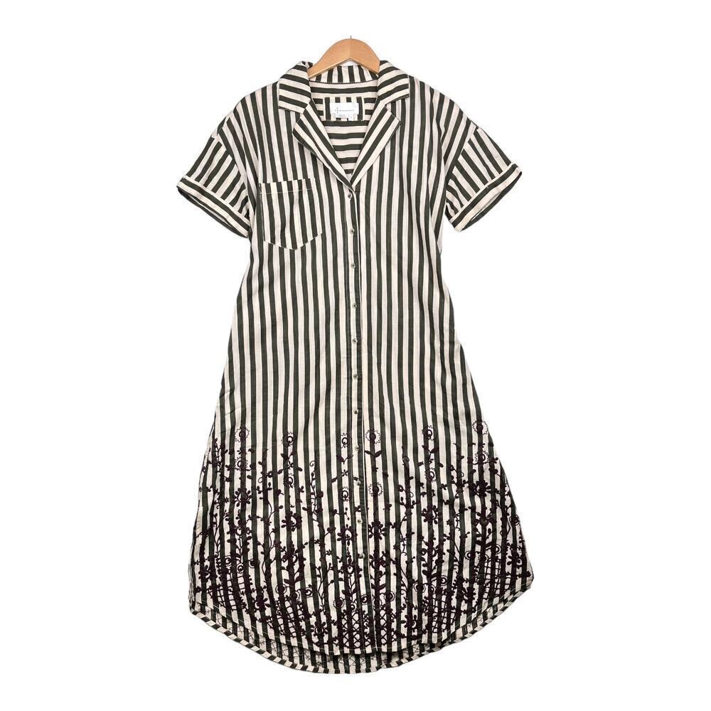 Anthropologie Purple Embroidered Lounge Midi Stripped Cream & Green Dress Sz-SM